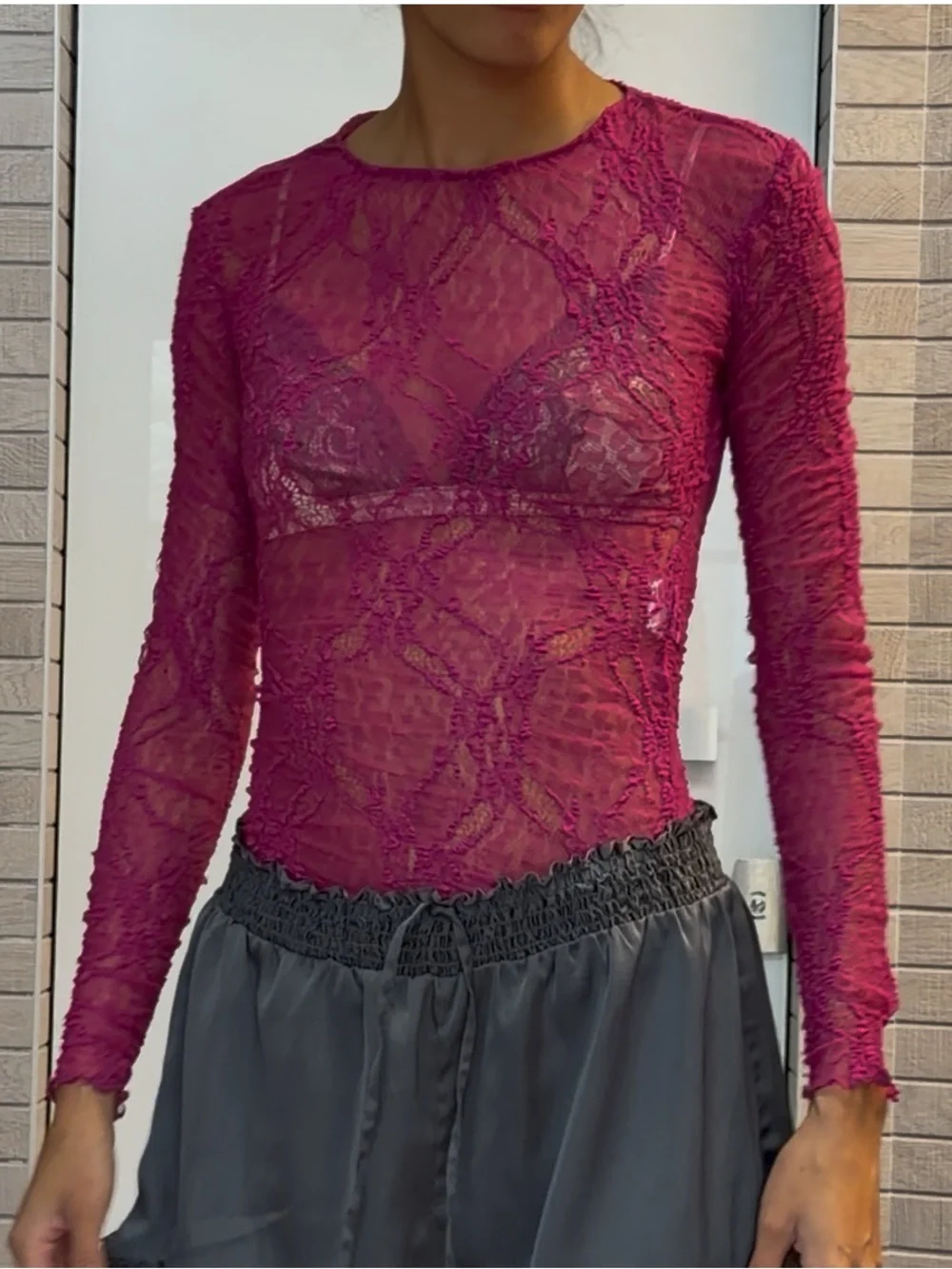 Zara Sheer Lace Long-Sleeve Top - Magenta
